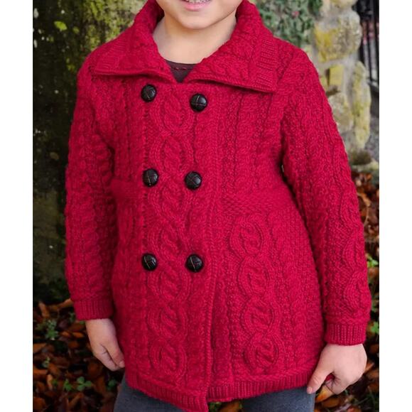 Blarney Woollen Mills Girl Kids Aran Coatigan Red Merino Wool 100 % Size 3-4Y